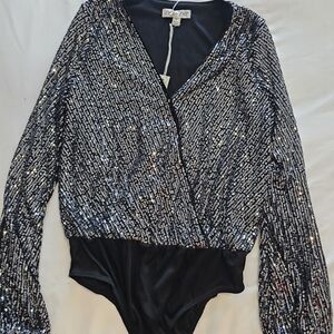 She & Sky Silver Sequin Bodysuit